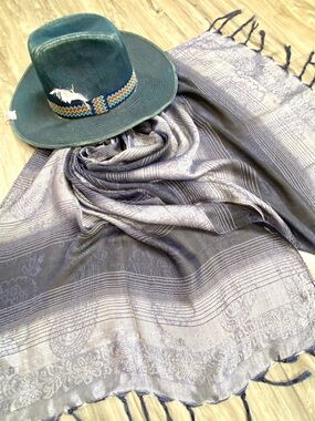 Blue silver SILK blend pashmina boho scarf/wrap costal Mediterranean vacay vibe